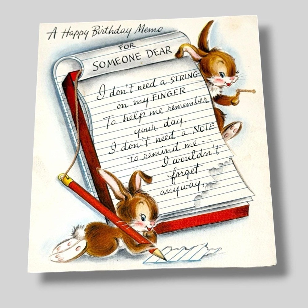 Hallmark Happy Birthday Memo For Someone Dear Vintage Greeting Card Bunnies HBX